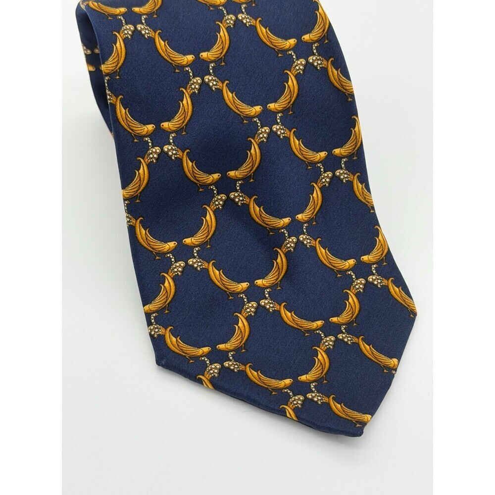 Vintage Lanvin Paris 100% Silk Blue Gold Bird Banana Print Men’s Tie Luxury - Picture 1 of 6